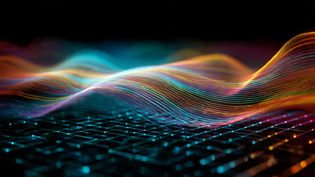 A precise, minimalistic wave of radiant light spreading across a subtle digital grid.の写真素材