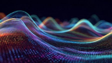 Radiant undulating strands glowing with a vibrant blue-purple gradient.