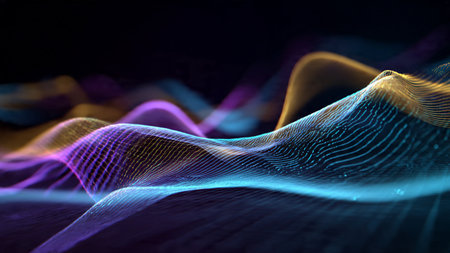 A cascading flow of radiant neon streaks sweeping diagonally across a dark gradient environment.