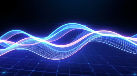 Light-infused energy curves sweeping through a deep gradient field of micro-nodes.