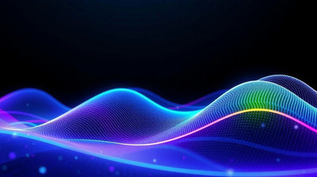 A full-spectrum cyberwave pattern weaving through a futuristic tech grid.