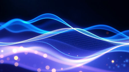 An ultra-modern data flow of layered neon lines forming a dynamic wave pattern over a sleek digital...