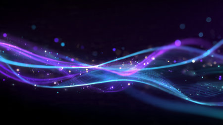 A dynamic sweep of neon blue and violet light waves moving smoothly across a dark digital...