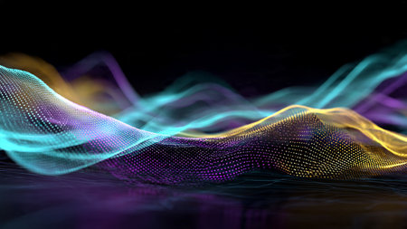 A floating mesh of neon strands glowing with spectral color variations.