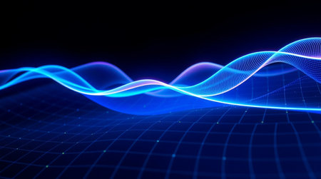 Luminous intertwined strands glowing in a full-spectrum palette drifting above a digital framework.