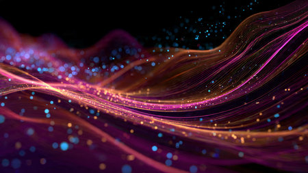 A multi-layered digital ribbon emitting cyan and violet light as it curves elegantly over a...