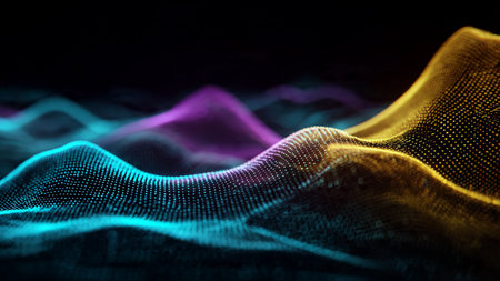 Blue-violet glow waves drifting with ambient digital particles.