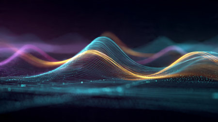 A neon-powered data wave emitting radiant energy streaks over a deep atmospheric backdrop filled with micro-particles.の写真素材