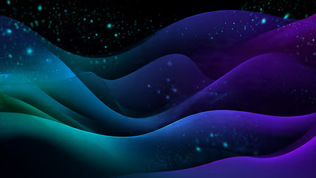 Floating layered neon ribbons twisting gently across a dim tech arena.