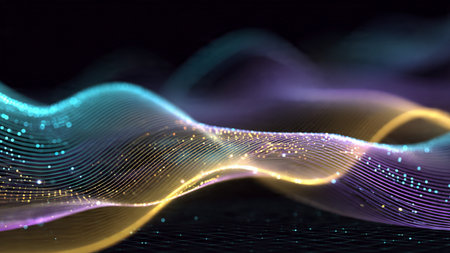 Smooth luminous arcs of cyan and violet bending in synchronized wave motion across digital space.