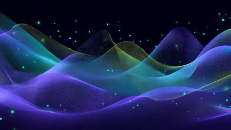 A shimmering arc of multi-tone neon drifting across a tech void.
