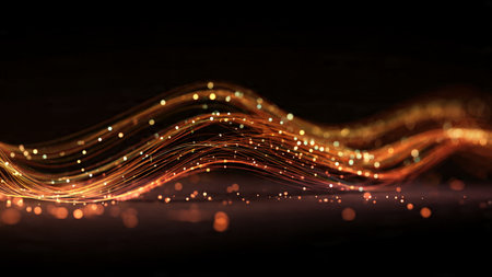 A flowing network of luminous cyber strands intertwined over a crisp grid, glowing with vibrant...