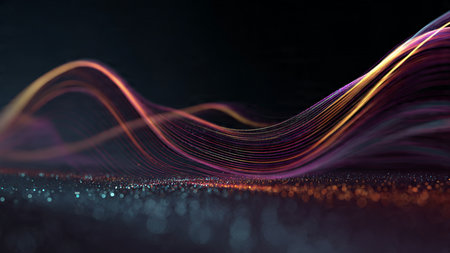 A prismatic wave structure shifting with radiant color transitions.の写真素材