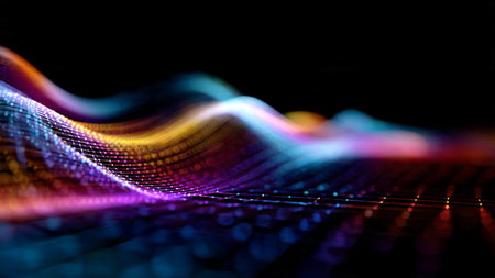A radiant series of neon energy curves illuminating a dark, deep gradient background dotted with micro-nodes.の写真素材