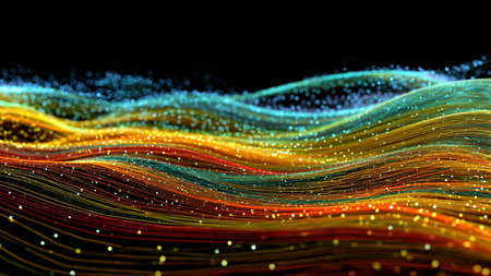 Luminous intertwined strands glowing in a full-spectrum palette drifting above a digital framework.
