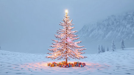 A radiant snowy Christmas tree stands beautifully before distant mountains veiled in white.