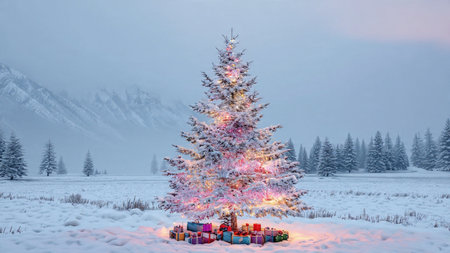 A charming snow-covered Christmas tree glows gently as soft clouds drift across the grayish winter...