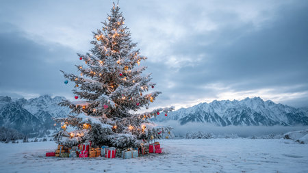 A glowing Christmas tree rises from pristine snow, with colorful gifts arranged neatly below.の写真素材