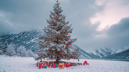 A grand holiday tree stands in pristine winter snow, richly decorated with glass ornaments that sparkle under gentle lighting.の写真素材