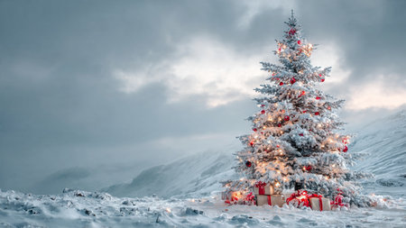 A tall snowy Christmas tree stands untouched in a peaceful winter field, its colorful lights reflecting on the fresh snow.の写真素材