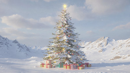 A brilliant festive tree gleams with warm lighting, surrounded by colorful presents on the snow.