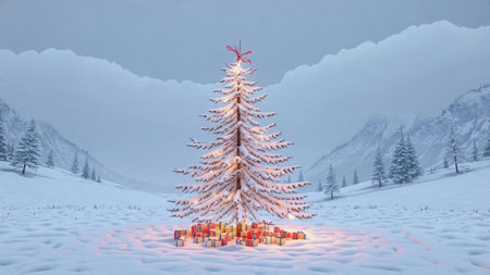 A dreamy winter atmosphere surrounds a brightly lit Christmas tree standing tall before hazy white...