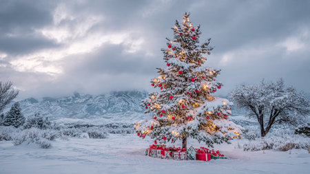 A festive evergreen tree glows with warm lights, illuminating the untouched snow covering the wide landscape.の写真素材
