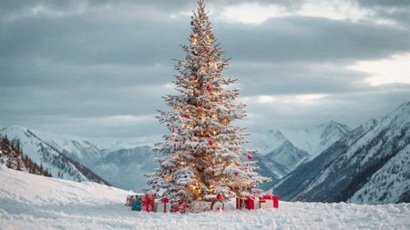 A glowing tree decorated with shimmering ornaments illuminates the serene snowy surroundings.の写真素材