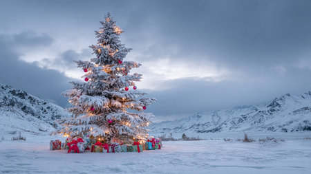 A serene holiday tree with snow-covered branches stands quietly beneath drifting clouds.の写真素材