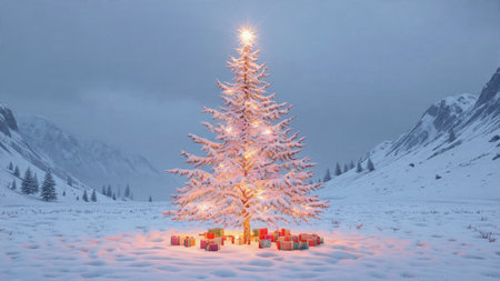 A soft-lit Christmas tree glowing with warm hues brightens the calm snowy surroundings.