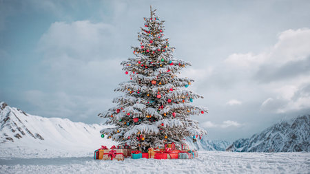 A majestic snowy Christmas tree stands glowing under a cloudy sky, surrounded by wrapped gifts.の写真素材
