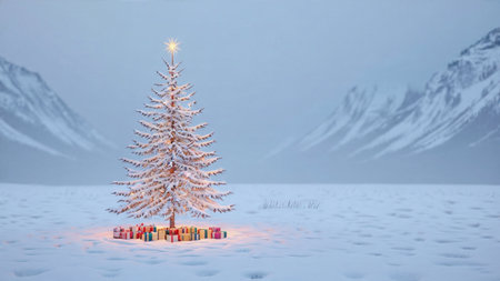 A beautiful illuminated Christmas tree stands untouched in a quiet snowy landscape.の写真素材