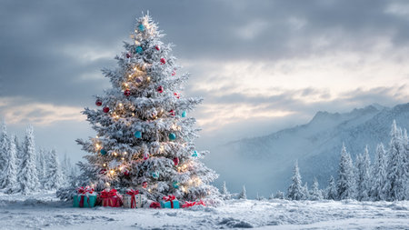 A towering holiday tree illuminated with multicolored lights rises from a blanket of fresh snow.の写真素材