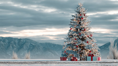 A glowing holiday tree with glass ornaments stands in pure white snow, untouched and silent.の写真素材