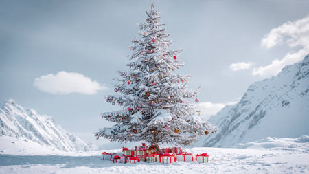 A beautiful Christmas tree shines in the cold, with snow-dusted branches and warm glowing lights.