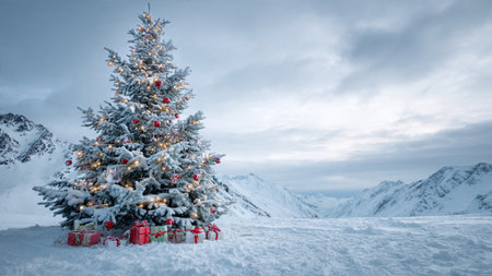 A serene snowy valley holds a glowing Christmas tree wrapped in ribbons and lights, its branches heavy with fresh snow.の写真素材