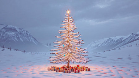 A silent snowy field glows with the light of a tall Christmas tree decorated with vibrant ornaments.