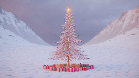 A magnificent decorated tree sparkles with crystal ornaments as warm lights reflect off the snow.の写真素材