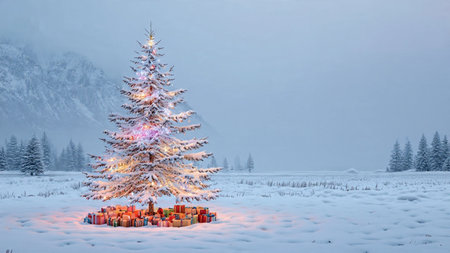 A peaceful winter scene showcasing a radiant Christmas tree with snow-dusted branches, standing before misty white mountain peaks.の写真素材