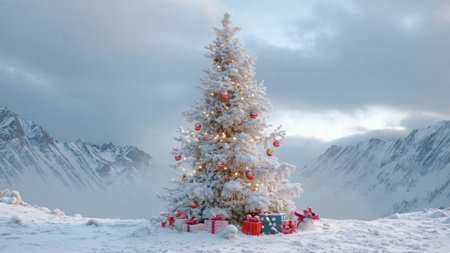 A shimmering Christmas tree glows warmly in front of distant white mountains and drifting mist.の写真素材