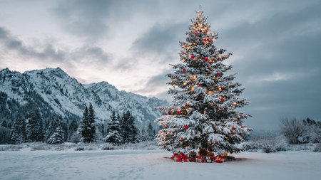A serene snowy plain holds a tall glowing Christmas tree surrounded by gifts wrapped in colorful papers.の写真素材