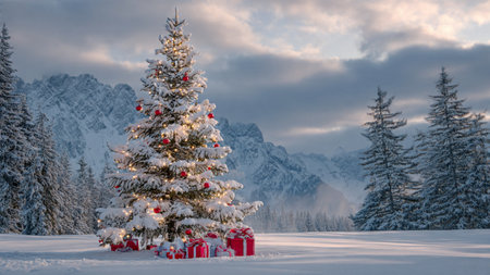 A snow-filled valley holds a tall bright Christmas tree decorated with shimmering ornaments.の写真素材