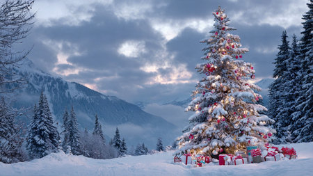 A charming holiday tree stands proudly among snowy hills, glittering with colorful ornaments.の写真素材