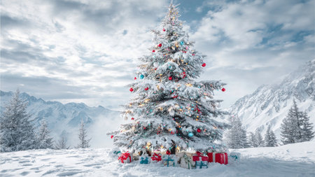 A snow-draped Christmas tree glimmers with multicolored holiday lights under a muted winter sky.の写真素材