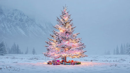 A glowing holiday tree stands tall in a silent snowy field, its red ribbons and sparkling lights...