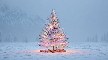 A winter wonderland is brought to life by a radiant Christmas tree standing tall in pristine snow.