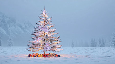 A majestic Christmas tree stands tall in a snowy field, its lights glowing warmly through the cold.