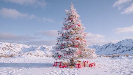 A brilliant evergreen decorated with bright ornaments rises from a vast snowy landscape.の写真素材