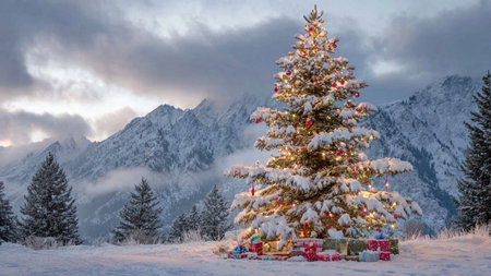 A serene winter field holds a tall Christmas tree shimmering with glass ornaments and warm lights.の写真素材