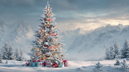 A tranquil snowy landscape highlights a festive Christmas tree adorned with colorful lights and shimmering snow.の写真素材